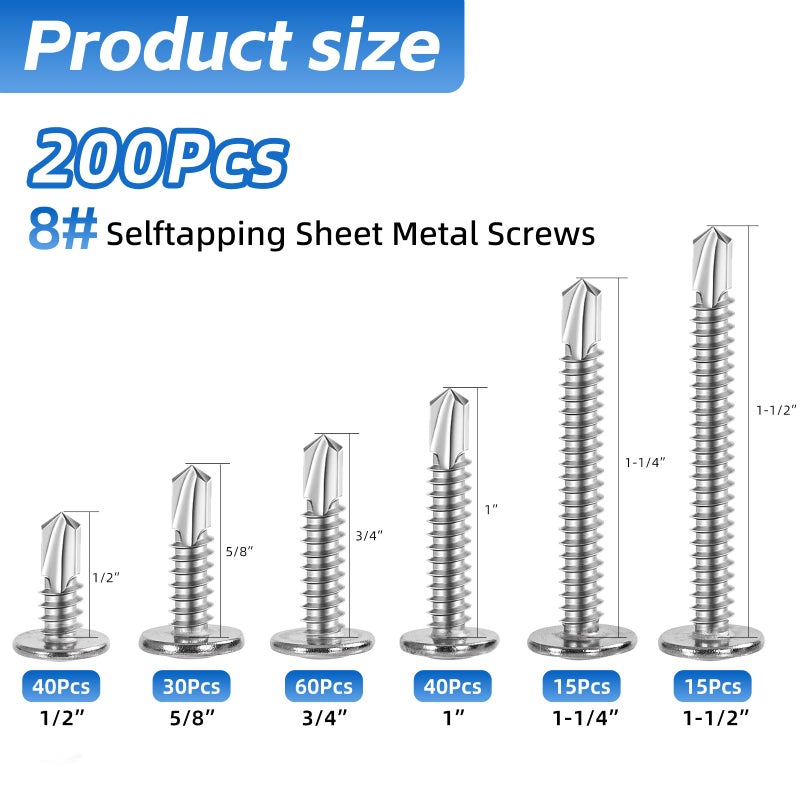WEIDLUDOR 200PCS Sheet Metal Self-Drilling Screws Assortment Kit - #8 Truss Head Stainless Steel Self-Tapping Screws, 6 Sizes (1/2" to 1-1/2") for Sheet Metal, Auto & Roofing - Image 2