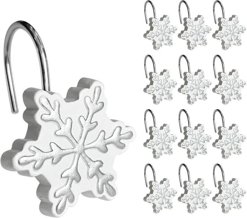 Sunlit Christmas Shower Curtain Hooks Silver Snowflakes Shower Curtain Rings, Resin, White Christmas Decor, Winter Bathroom Decoration - 12 Pack - Image 1