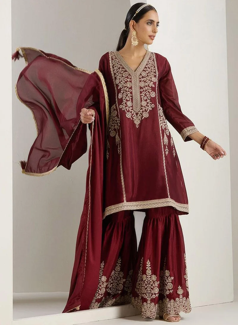 ISHIN  Women Maroon Polyester Chinon 3 pcs Kurta Set for Women | Best Price UAE