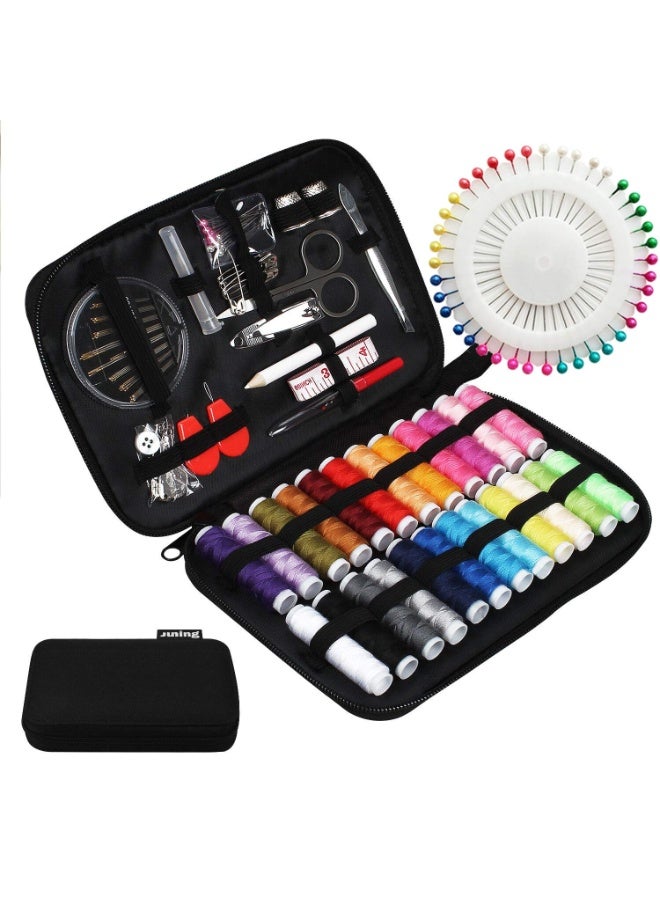 Sewing kit with box, 130 pieces of household travel and emergency sewing supplies, machines, including 24 spools, repair and sewing needles, scissors, thimbles, measuring tape - Image 1