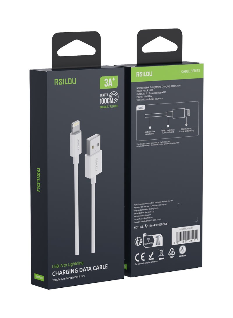 ارسيلو R2007-001 كابل لايتنينج إلى USB-A، 1 متر، 3 أمبير، عالي المتانة، كابل شحن وبيانات، أسلاك نحاسية لنقل البيانات، خالٍ من التشابك والتشابك، أبيض - Image 2