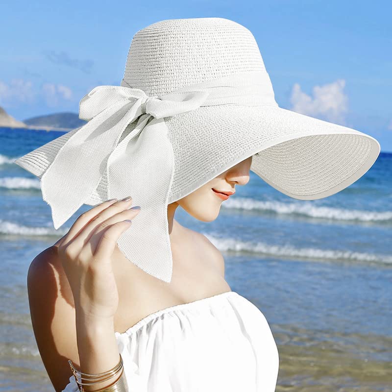 Lanzom Womens 5.5 Inches Big Bowknot Straw Hat Large Floppy Foldable Roll up Beach Cap Sun Hat UPF 50+ Fit Size 6 8/7-7 1/4(White) - Image 2