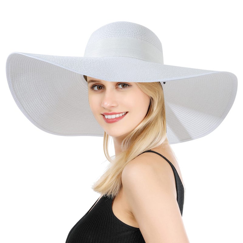 Lanzom Womens 5.5 Inches Big Bowknot Straw Hat Large Floppy Foldable Roll up Beach Cap Sun Hat UPF 50+ Fit Size 6 8/7-7 1/4(White) - Image 4