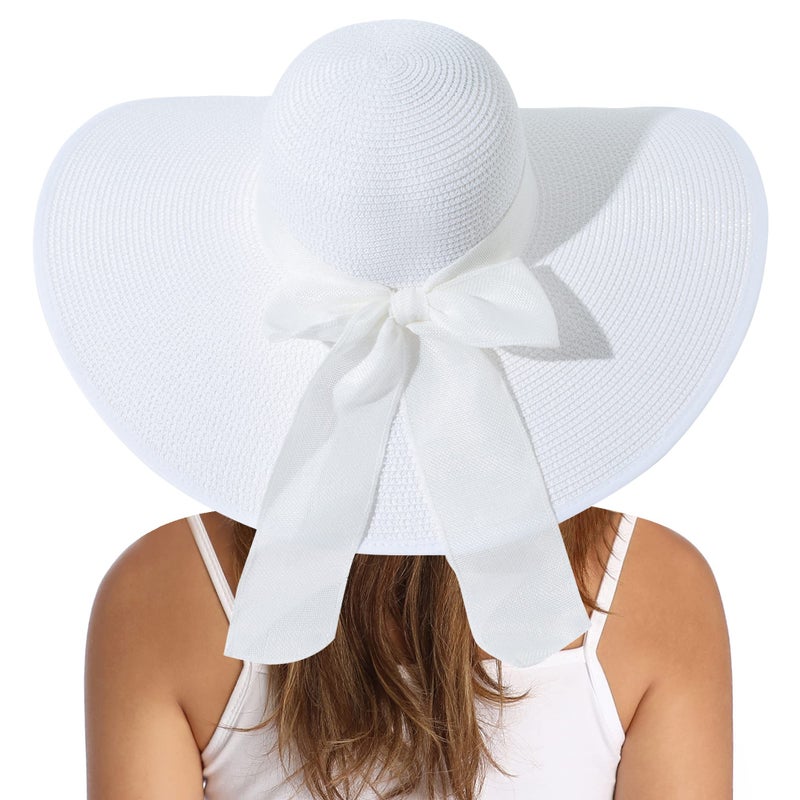 Lanzom Womens 5.5 Inches Big Bowknot Straw Hat Large Floppy Foldable Roll up Beach Cap Sun Hat UPF 50+ Fit Size 6 8/7-7 1/4(White) - Image 3