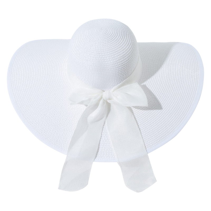 Lanzom Womens 5.5 Inches Big Bowknot Straw Hat Large Floppy Foldable Roll up Beach Cap Sun Hat UPF 50+ Fit Size 6 8/7-7 1/4(White) - Image 5