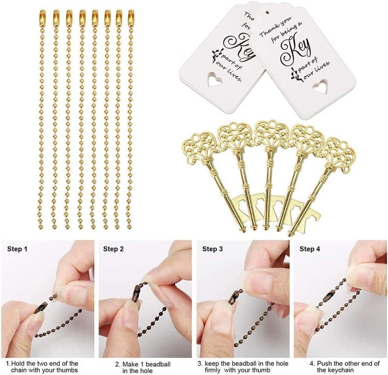 WODEGIFT 100 PCS Key Bottle Openers,Vintage Skeleton Key Bottle Opener,Wedding Favors Bottle Opener with Tag Cards and Key Chains(Gold) - Image 3