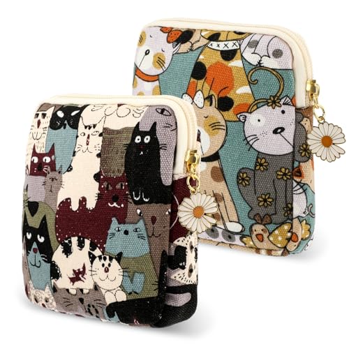 Amabro Sanitary Napkin Storage Bag, 2PCS Period Bags Cute Sanitary Pad Storage Pouch Tampon Pantyliners Menstrual Purse Daisy Zipper for Women Teen Girls School Travel Feminine Product(Cat) - Image 1