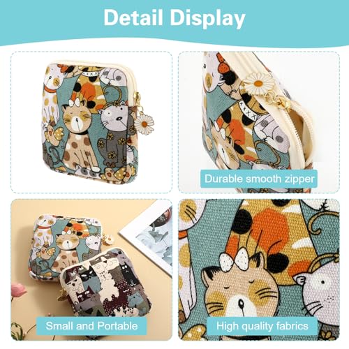 Amabro Sanitary Napkin Storage Bag, 2PCS Period Bags Cute Sanitary Pad Storage Pouch Tampon Pantyliners Menstrual Purse Daisy Zipper for Women Teen Girls School Travel Feminine Product(Cat) - Image 4