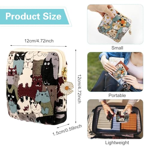 Amabro Sanitary Napkin Storage Bag, 2PCS Period Bags Cute Sanitary Pad Storage Pouch Tampon Pantyliners Menstrual Purse Daisy Zipper for Women Teen Girls School Travel Feminine Product(Cat) - Image 3