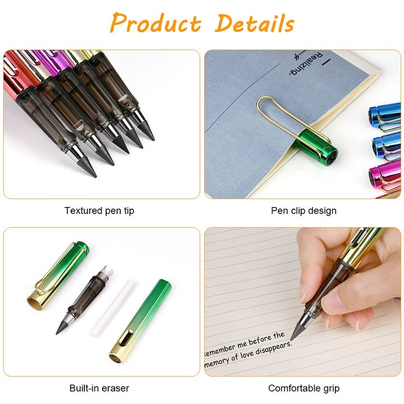 Ainiv Inkless Pencil with Eraser - 5 Sets Infinity Pencil, Reusable with Extra 5 Eraser & 5 Replaceable Nibs for Home, Office & School Writing, Drawing - Image 3