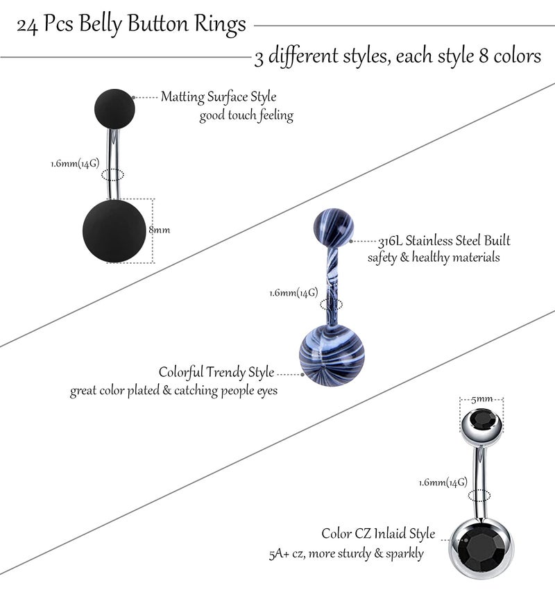 EVELICAL 24Pcs 14G Stainless Steel Belly Button Rings for Women Screw Navel Bars Body Piercing Jewelry Set Style 1 - Image 3