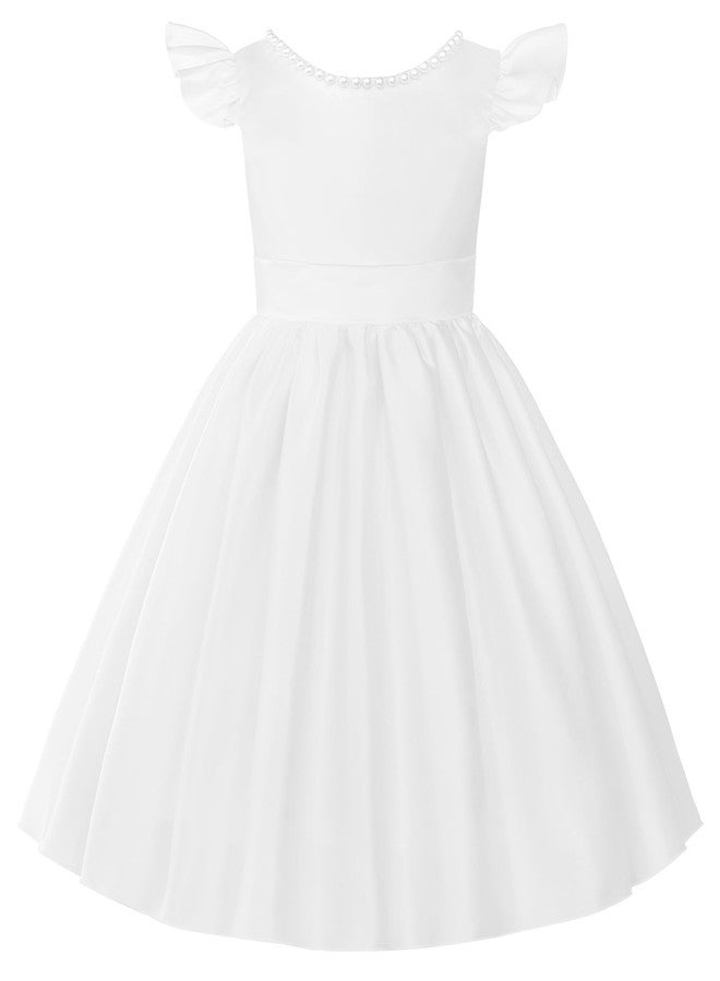 Uhnice Flower Girl Pearl Dress Flutter Sleeve V-Back Satin Dress with Bowknot for Wedding Birthday Party, White, 2-3 Years - Image 2