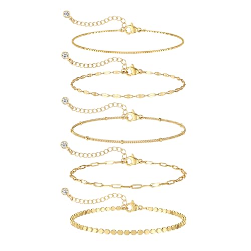 MBW 14K Gold Plated Bracelet for Women Trendy Bracelets Waterproof Bracelet Set Stack Simple Cute Jewelry Minimalist Simple Small Thin for Women Gifts - Image 1