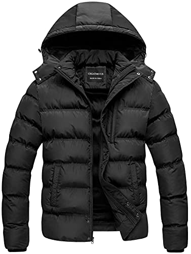 CREATMO US Men's Washed Cotton Hooded Military Jacket Regular and Big Tall Sizes Quilt Traditional Coat Insulated Parka Ultra Loft Water-Resistant Puffer Black L - Image 1