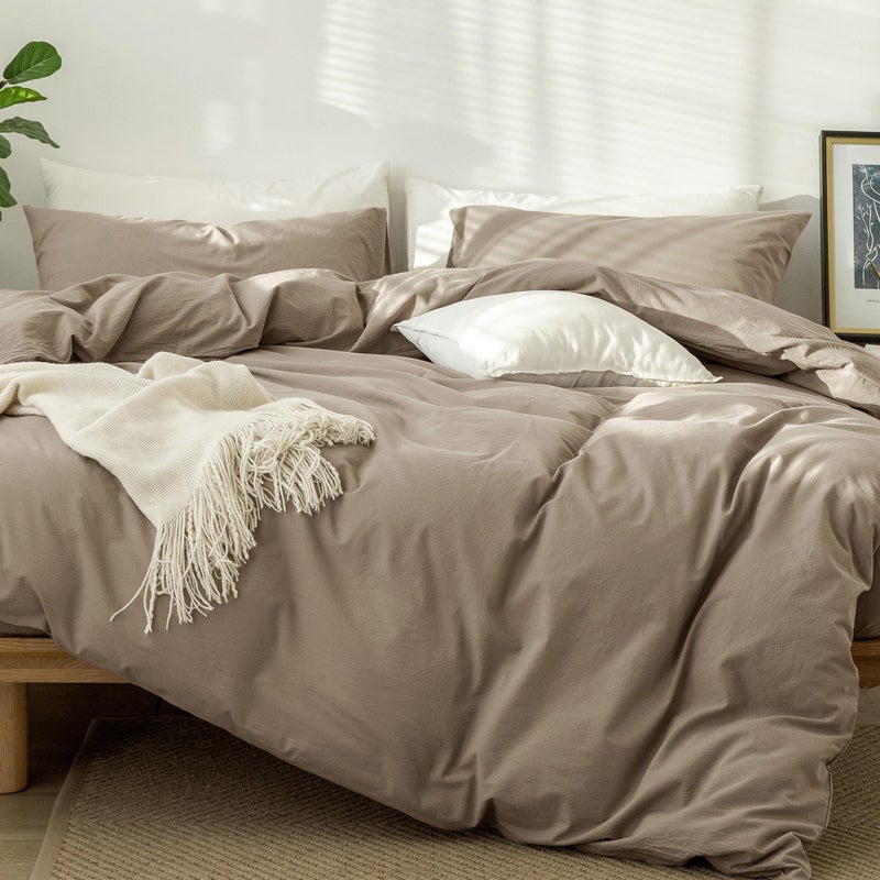 Moomee MooMee Bedding Duvet Cover Set 100 Washed Cotton Linen Like Textured Breathable Durable Soft Comfy Solid Mocha Brown King 104x90