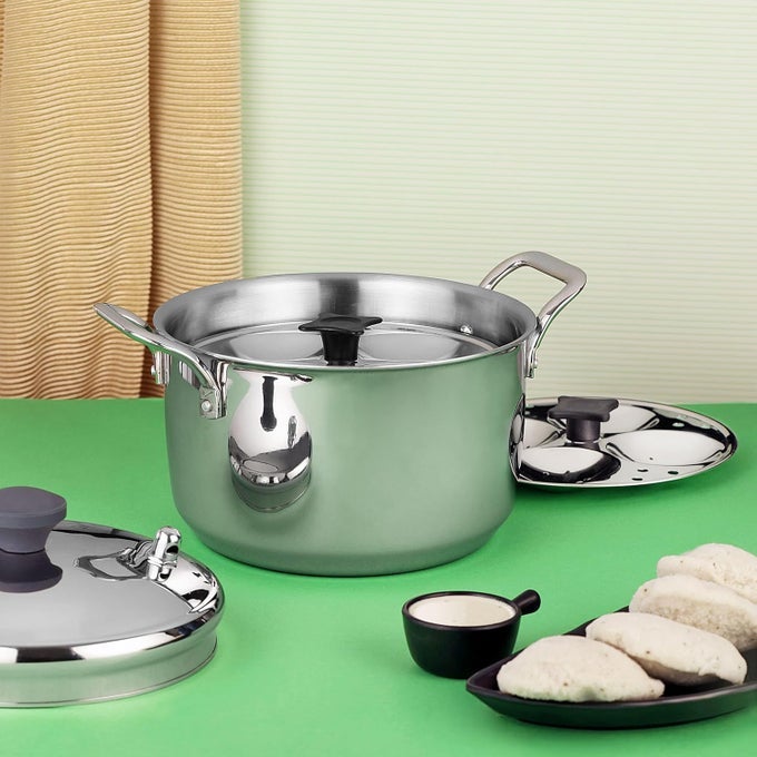 TRINITY TRIPLY STEEL IDLY MAKER WITH 5 PLATES DURABLE STAINLESS STEEL WITH LID FOR PERFECTLY STEAMED IDLIS