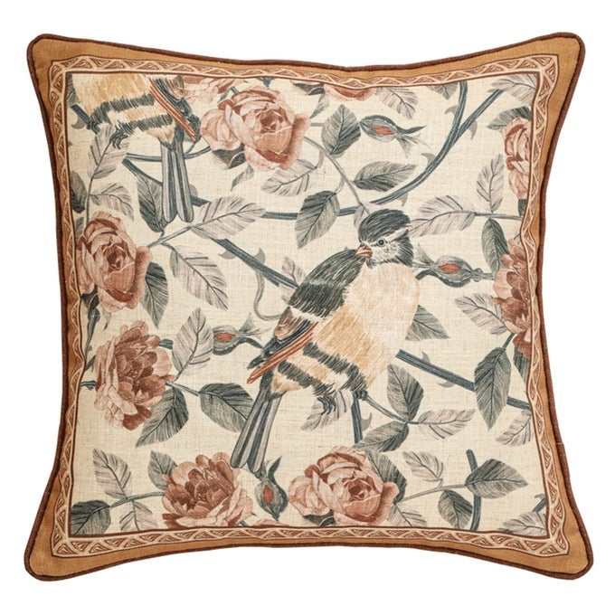DESIGNER VINTAGE FLORAL THROW PILLOW COVERS FOR COUCHBROWN YELLOW LINEN PILLOWCASES WITH BIRD AND ROSE PATTERN DECORATIVE SQUARE CUSHION FOR BED LIVING ROOM OUTDOOR CAFE CAR18X18