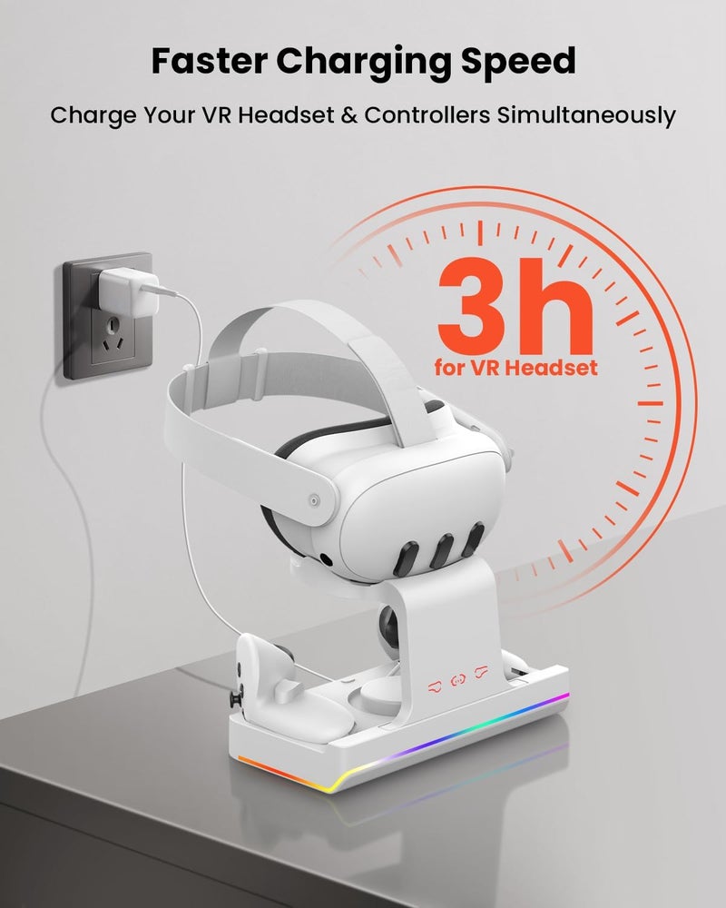 قاعدة شحن GEEKERA لـ Meta Quest 3، حامل شحن لسماعة الواقع الافتراضي ووحدات التحكم مع إضاءة RGB LED [تشغيل/إيقاف]، ملحقات VR مع بطاريتين قابلة لإعادة الشحن لـ Oculus Quest 3، محطة شحن سريع - Image 4