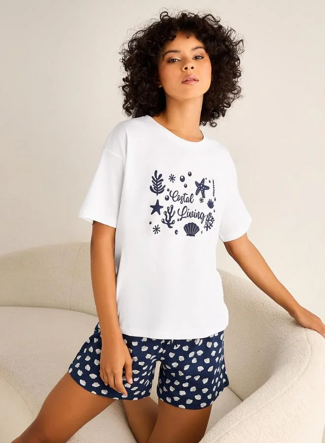 سبلاش فيڤ طقم بيجاما بطبعة صدفة تي شيرت وشورت