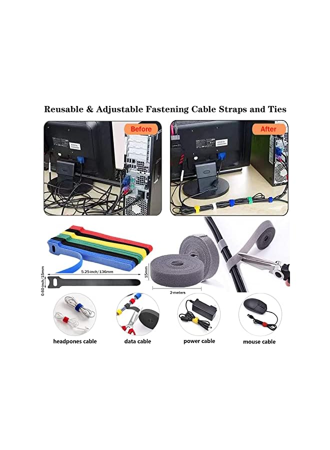 erorex 184 Pcs Cord Management Organizer Kit 2 long Cable Sleeve include 24 Sticky Wire Clips Holder, 36pcs+2 Roll Self Adhesive Cable Strap tie and 120 Fastening Wire Ties for TV Home Office Desk Cables  - Image 4