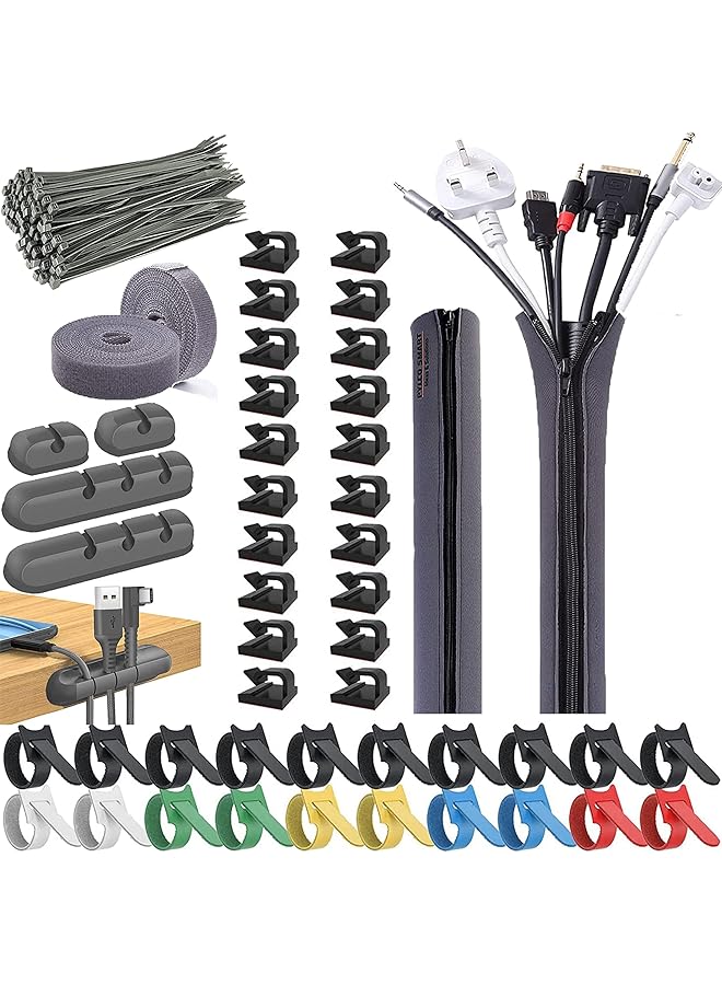 erorex 184 Pcs Cord Management Organizer Kit 2 long Cable Sleeve include 24 Sticky Wire Clips Holder, 36pcs+2 Roll Self Adhesive Cable Strap tie and 120 Fastening Wire Ties for TV Home Office Desk Cables  - Image 1