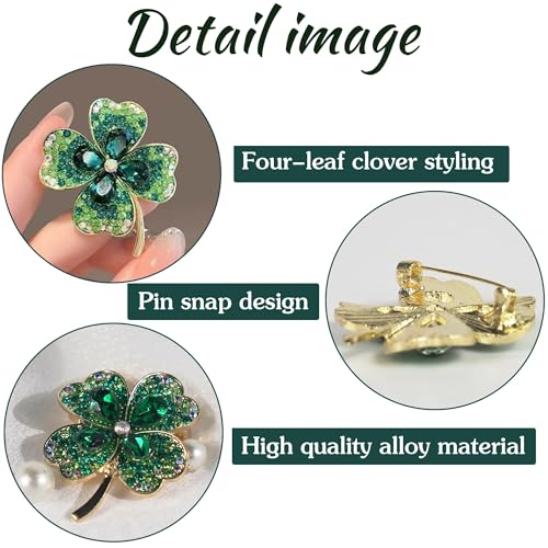 Plexaris Brooches for Women, Green Four Leaf Clover Brooch Pin, Elegant Pearl Accent Saree Pin for Party and Casual Wear, 3.5 x 4.5 cm with Black Storage Bag - Image 3