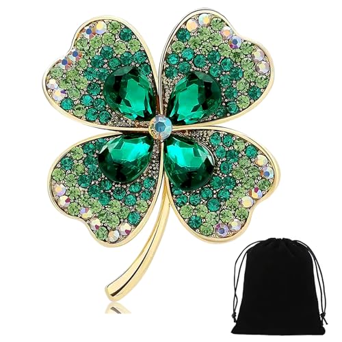 Plexaris Brooches for Women, Green Four Leaf Clover Brooch Pin, Elegant Pearl Accent Saree Pin for Party and Casual Wear, 3.5 x 4.5 cm with Black Storage Bag - Image 1