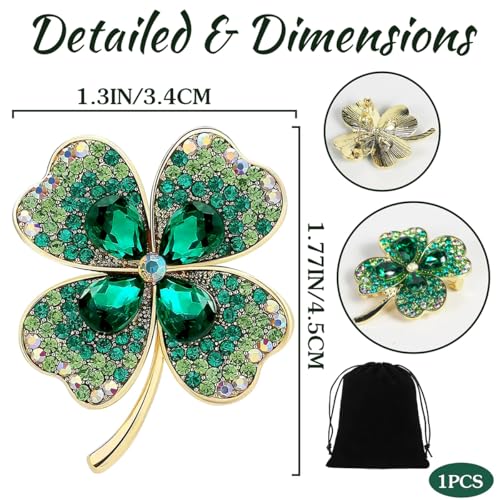 Plexaris Brooches for Women, Green Four Leaf Clover Brooch Pin, Elegant Pearl Accent Saree Pin for Party and Casual Wear, 3.5 x 4.5 cm with Black Storage Bag - Image 2