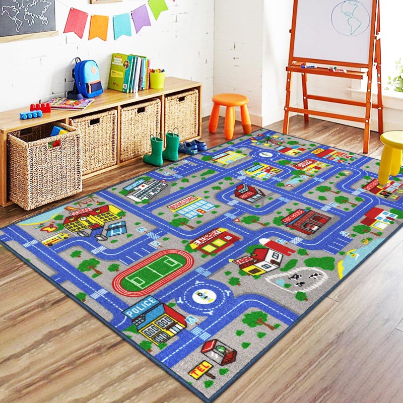 Capslpad Blue Car Road Kid Rug Carpet Playmat for Playoom Traffic Road Kids Play Mat for Toddler Non Slip Washable City Map Race Track Carpet Rug for Kids Room Bedroom Nursery Room Decor,5.2'x3.3' - Image 1