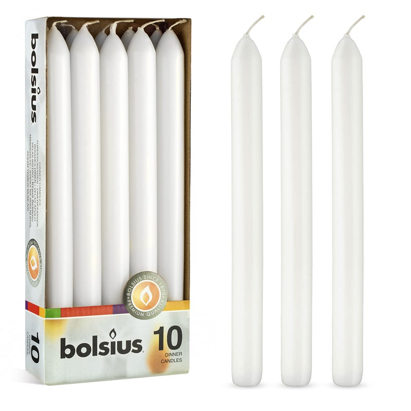 BOLSIUS White Candles 10 Pack - 9 Inch Straight Taper Candle Set - 8 Hour Candlesticks - Fits Most Standard Candle Holders - Premium European Quality - Household, Dinner, Wedding, & Party Candlesticks - Image 1