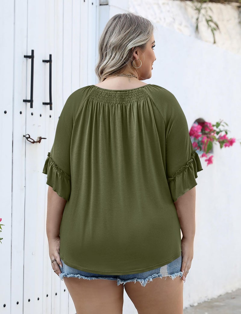 Micoson Plus Size Summer Outfits Dressy Casual 3/4 Sleeve Tops for Women Cotton Blouses Wedding Guest Shirts Fall Top 2025 Fashion Army Green - Image 2