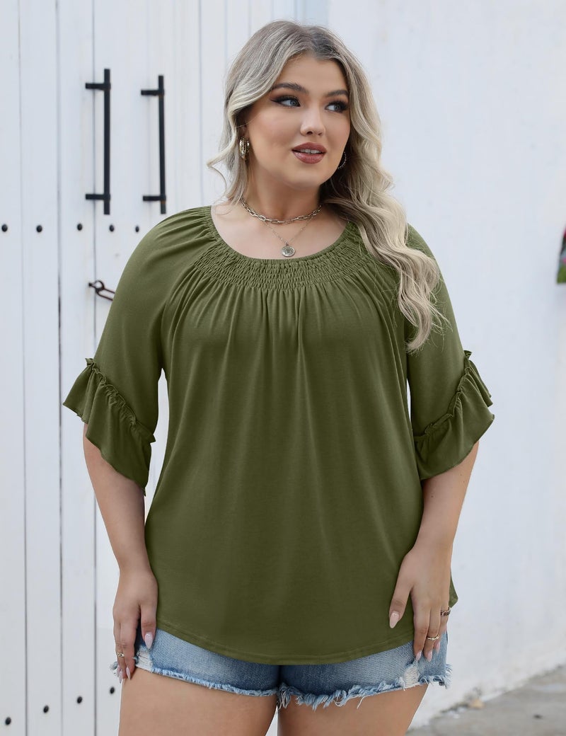 Micoson Plus Size Summer Outfits Dressy Casual 3/4 Sleeve Tops for Women Cotton Blouses Wedding Guest Shirts Fall Top 2025 Fashion Army Green - Image 5