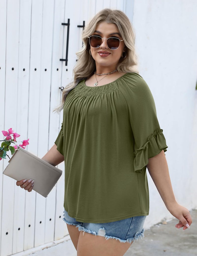 Micoson Plus Size Summer Outfits Dressy Casual 3/4 Sleeve Tops for Women Cotton Blouses Wedding Guest Shirts Fall Top 2025 Fashion Army Green - Image 3