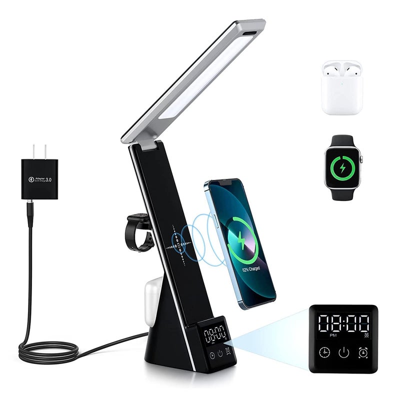DR Mall DR Mall Wireless Charger 3 in 1 Fast Charging Station with Led with Touch Control Desk Lamp with ClockAlarm 3 Lighting Modes Stepless Brightness Home Office EyeCaring Table Lamp BlackSmartphone  - Image 5