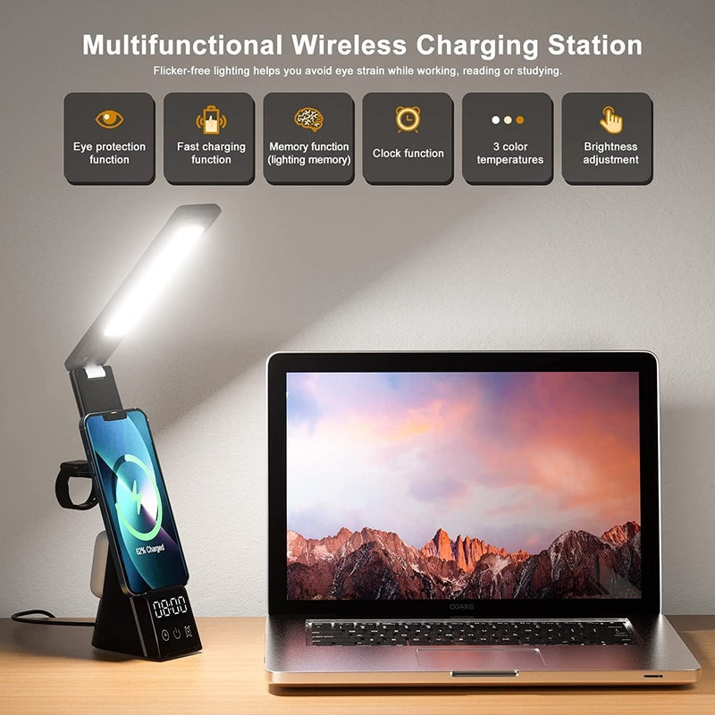 DR Mall DR Mall Wireless Charger 3 in 1 Fast Charging Station with Led with Touch Control Desk Lamp with ClockAlarm 3 Lighting Modes Stepless Brightness Home Office EyeCaring Table Lamp BlackSmartphone  - Image 3