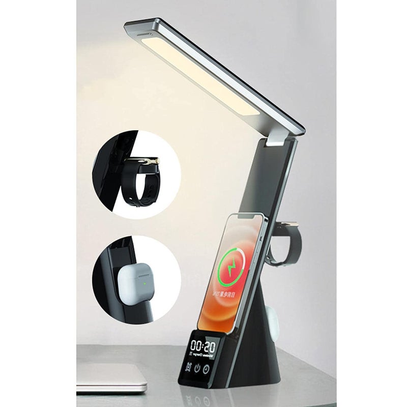 DR Mall DR Mall Wireless Charger 3 in 1 Fast Charging Station with Led with Touch Control Desk Lamp with ClockAlarm 3 Lighting Modes Stepless Brightness Home Office EyeCaring Table Lamp BlackSmartphone  - Image 1