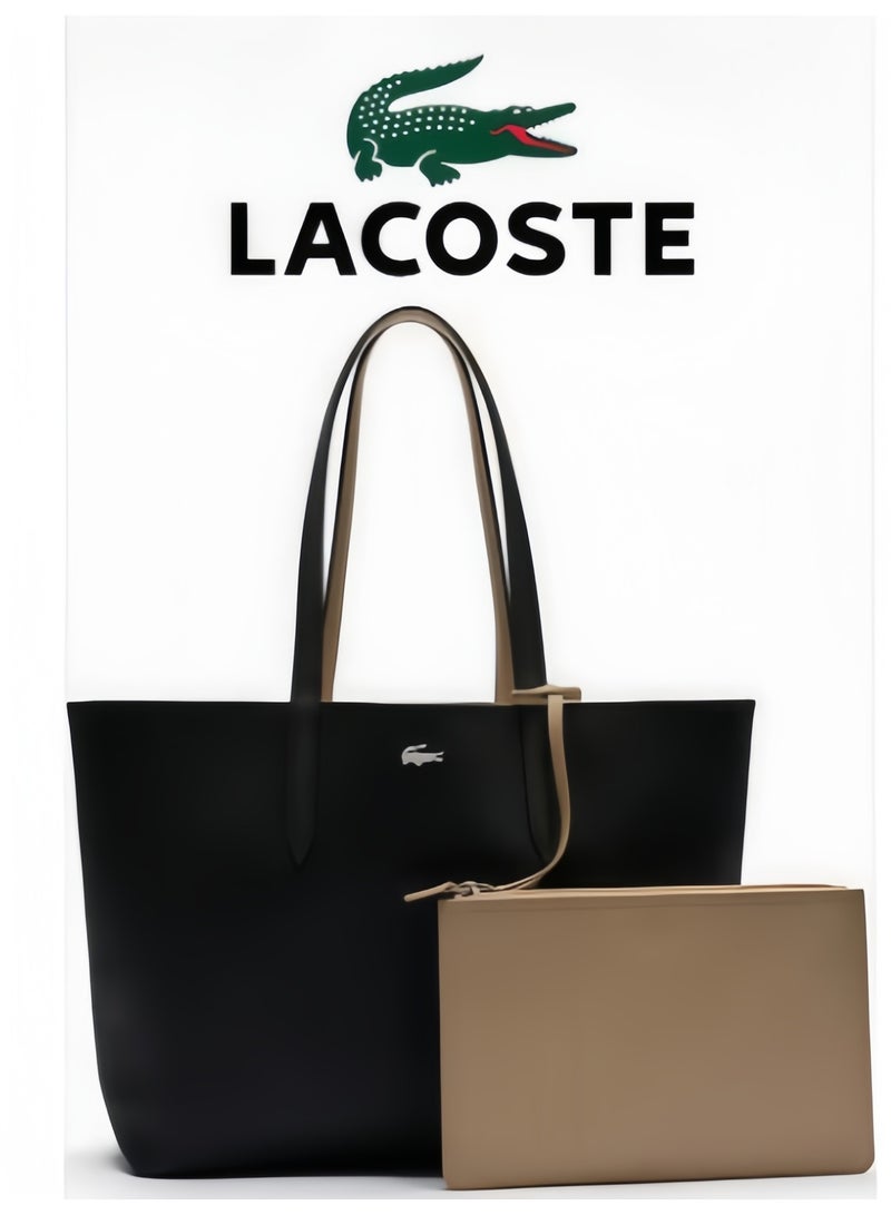 Lacoste Women's Double sided Two tone Large Capacity Handbag, Fashionable Multi functional, Black/Khaki - Image 1