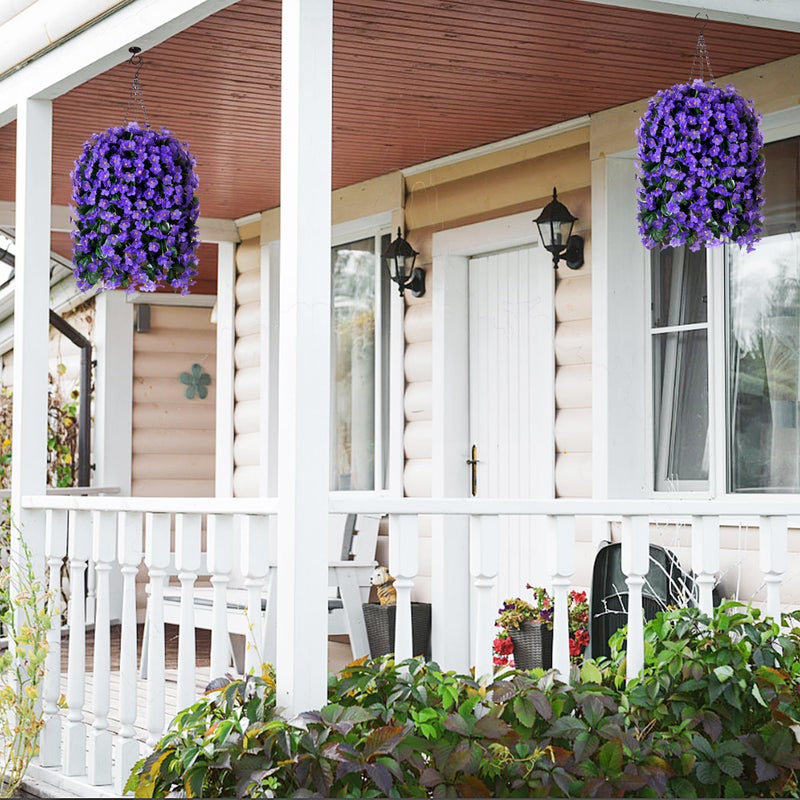 HyeFlora Artificial Faux Hanging Flowers for Outdoor Outside Spring Decoration, 2PCS Fake Silk Purple Daisy Plants UV Resistant Look Real Orchid Mums Vine for Front Door Porch Planter Balcony - Image 2