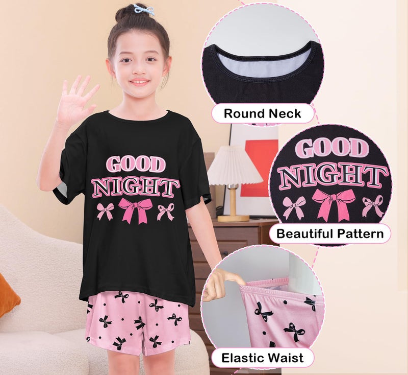 Play Tailor Girls Pajamas for Kids Summer Pjs for Girl Pajama Sets 2Pcs Short Sleeve Top Sleepwear for Teen 8-15, Black(Shirt & Short Set), 8-9Y - Image 3