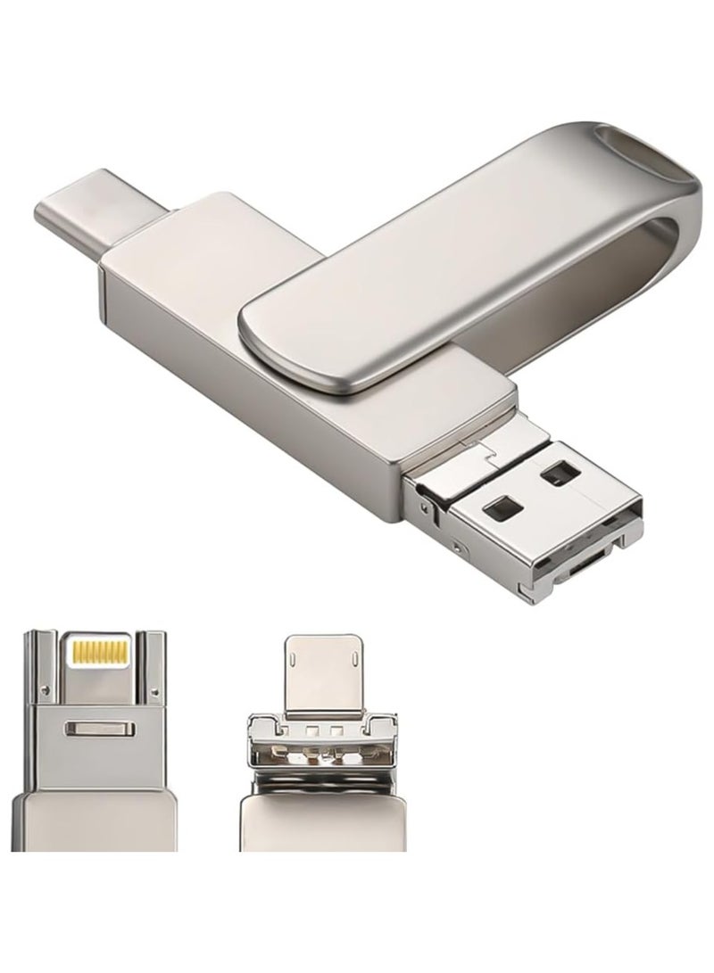 يو إس بي فلاش محركات 4 في 1 128 جي، أربع واجهات: البرق/Type-C/USB/OTG، مناسبة لنقل البيانات بين الهواتف المحمولة وأجهزة الكمبيوتر الشخصية والآيبادات، وتخزين بيانات التعلم المكتبي والنسخ الاحتياطي. (فضية) - Image 1