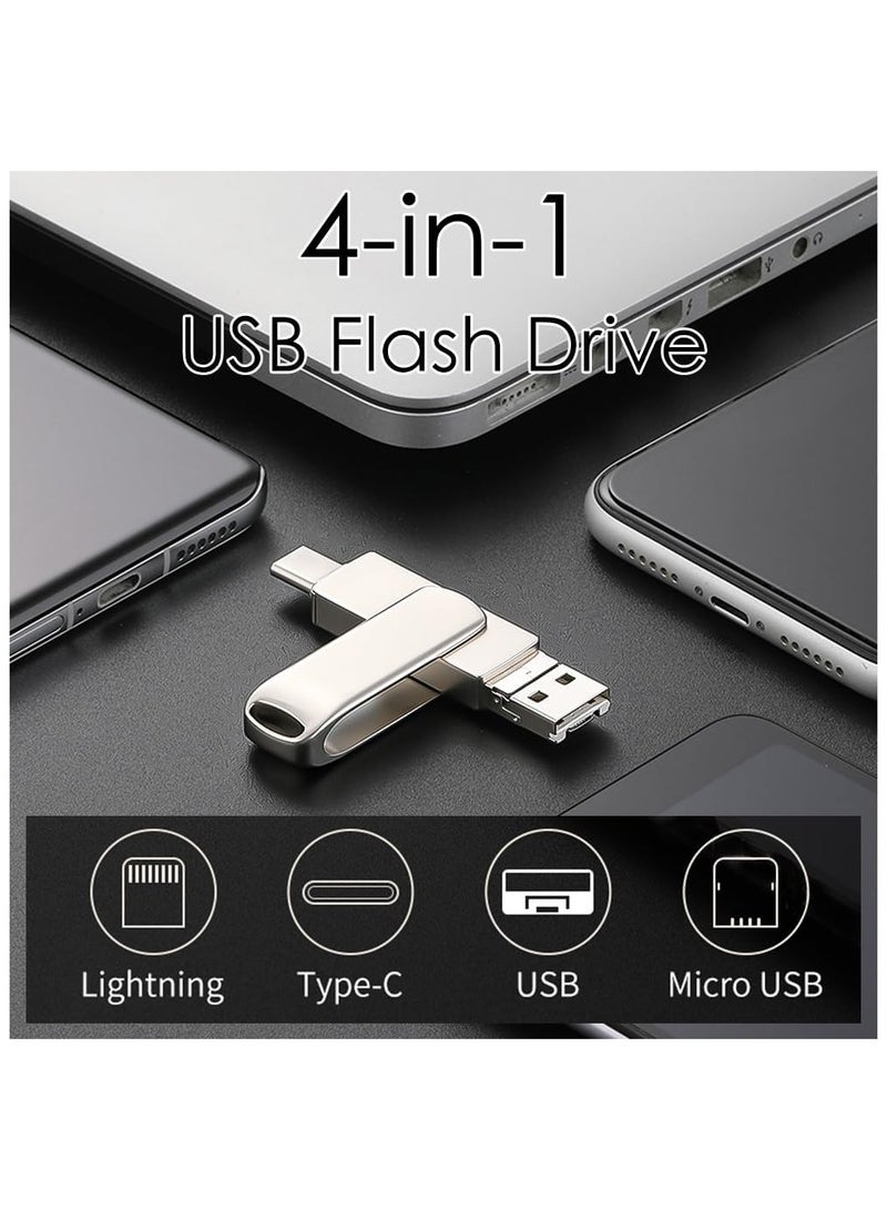 يو إس بي فلاش محركات 4 في 1 128 جي، أربع واجهات: البرق/Type-C/USB/OTG، مناسبة لنقل البيانات بين الهواتف المحمولة وأجهزة الكمبيوتر الشخصية والآيبادات، وتخزين بيانات التعلم المكتبي والنسخ الاحتياطي. (فضية) - Image 2