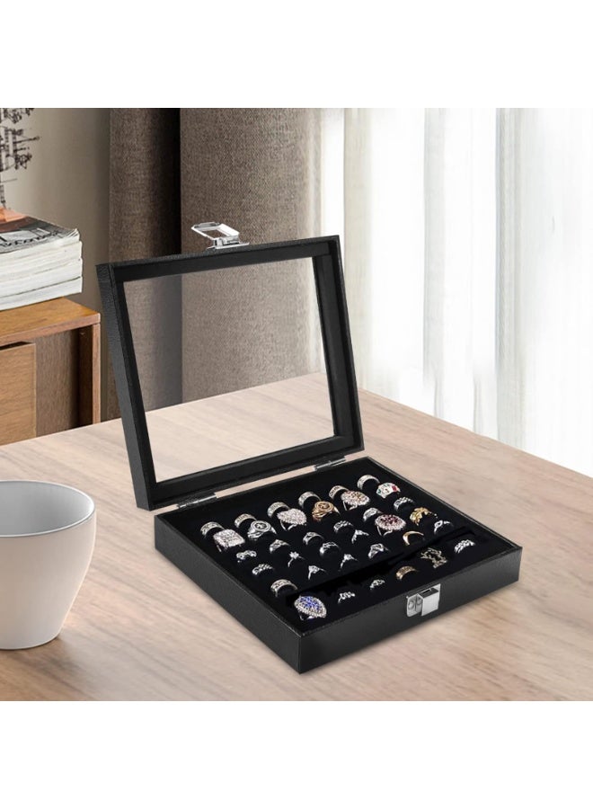 Ring Box with Glass Lid, 36 Slots Black Velvet Jewelry Organizer Display Case for Rings - Image 5
