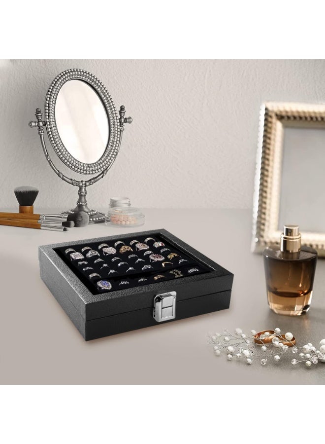 Ring Box with Glass Lid, 36 Slots Black Velvet Jewelry Organizer Display Case for Rings - Image 4