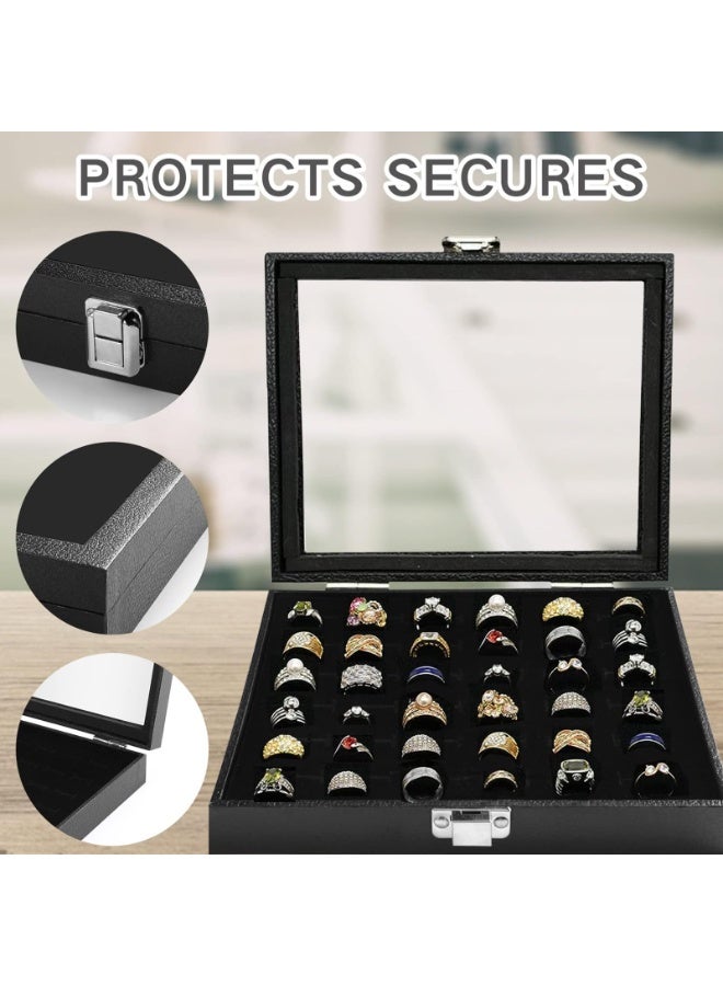 Ring Box with Glass Lid, 36 Slots Black Velvet Jewelry Organizer Display Case for Rings - Image 2