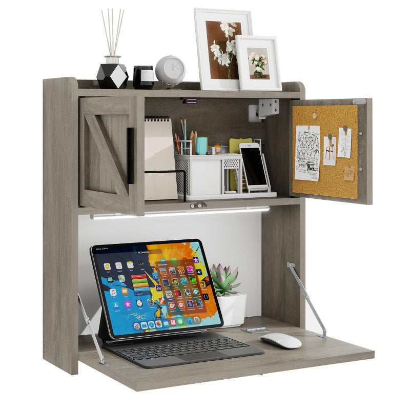 ARTETHYS Wall Mounted Desk with LED Light Farmhouse Multifunctional Fold Down Laptop Computer Table Writing Workstation with Storage Compartments Space Saving for Home Office, Gray - Image 1