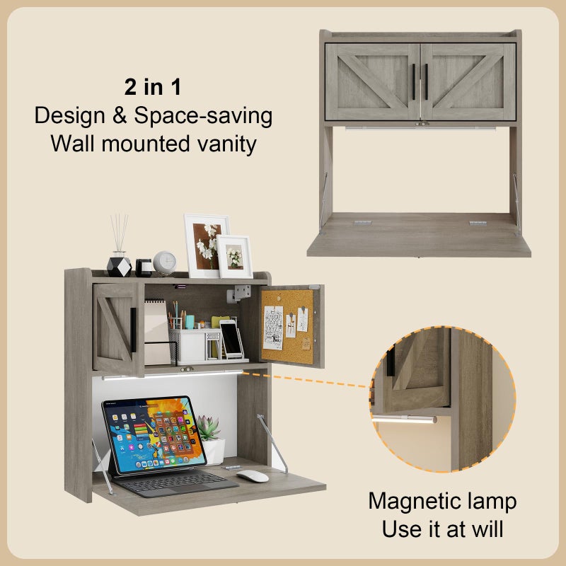 ARTETHYS Wall Mounted Desk with LED Light Farmhouse Multifunctional Fold Down Laptop Computer Table Writing Workstation with Storage Compartments Space Saving for Home Office, Gray - Image 3
