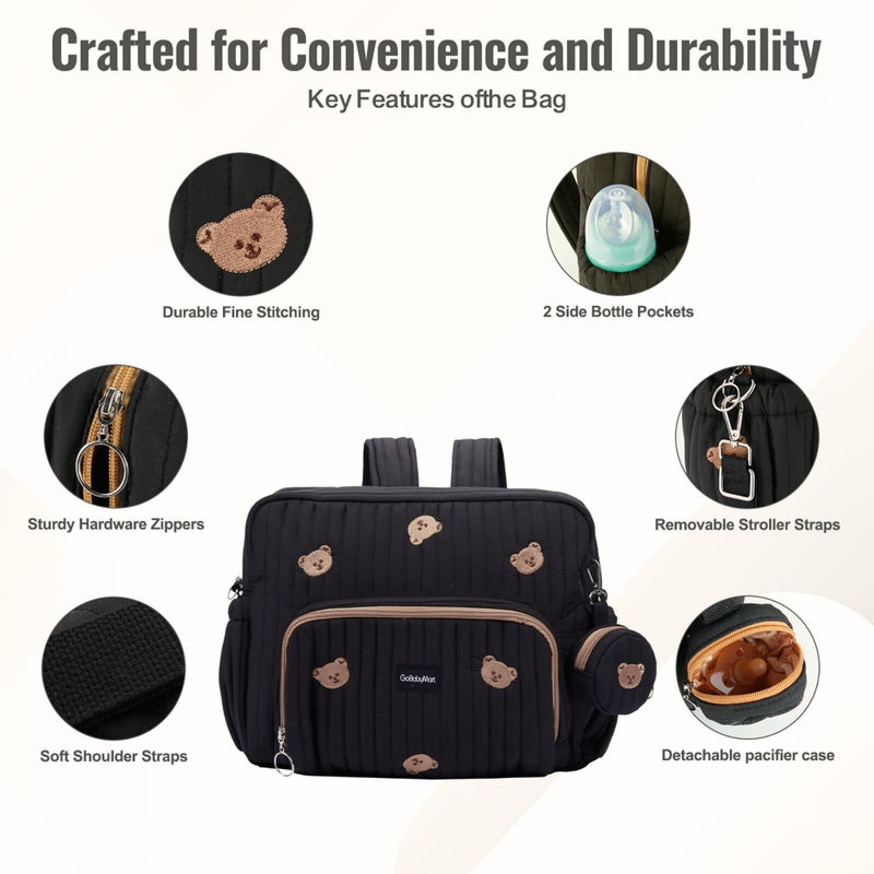 GOBABYMART Diaper Bag Backpack, Medium Maternity baby bag & Changing Pad, Insulated Pockets, Stroller Straps & Pacifier Case (Medium - Black Bears) - Image 4
