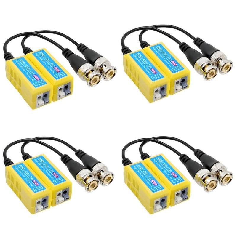 Video Balun 8MP Pack of 4,4K Passive HD BNC Video Balun Transceiver Transceiver عبر كابل Rj45 AHD/TVI/CVI/CVBS لنظام كاميرا المراقبة الأمنية CCTV DVR عالي الدقة (أصفر، 4 أزواج) - Image 1