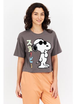 Peanuts Women Crew Neck Short Sleeves Graphic Print T-Shirt, Grey Combo  - Image 1
