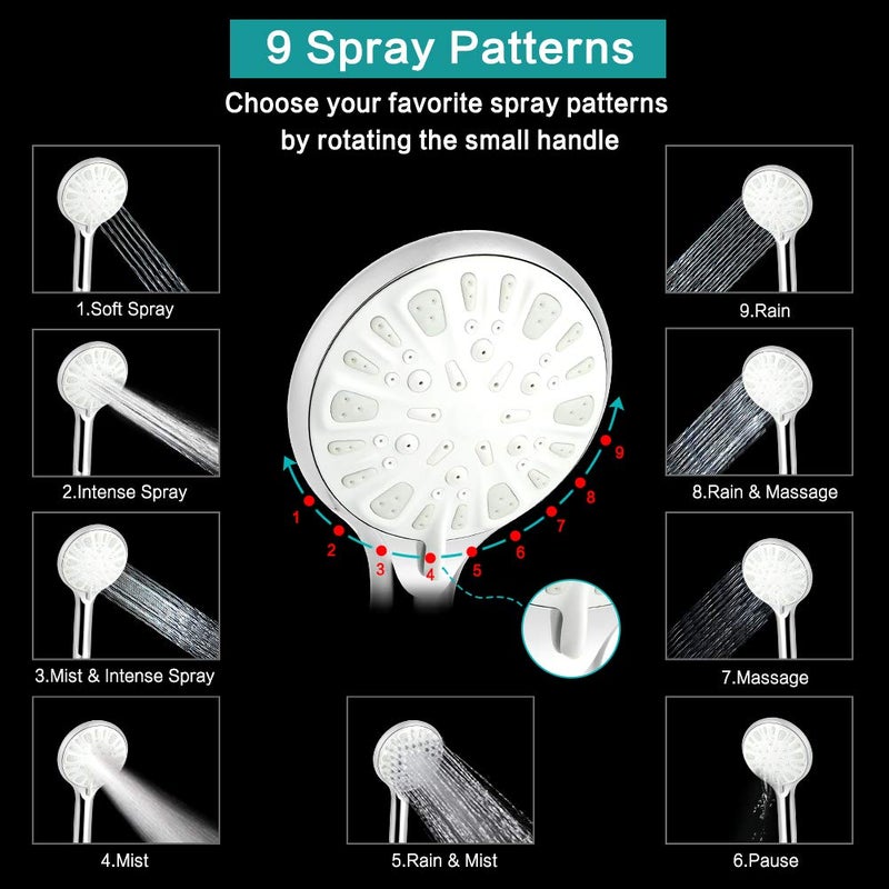 Tudoccy 10 Inch High Pressure Rainfall Shower Head/Handheld Shower Combo With 11 Inch Extension Arm 9 Settings Adjustable Anti-Leak With Holder/Hose Height/Angle Adjustable Chrome - Image 4